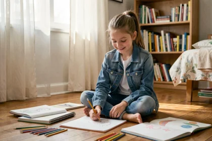 Adolescente de 13 ans dessinant dans sa chambre entourée de carnets et crayons de couleur