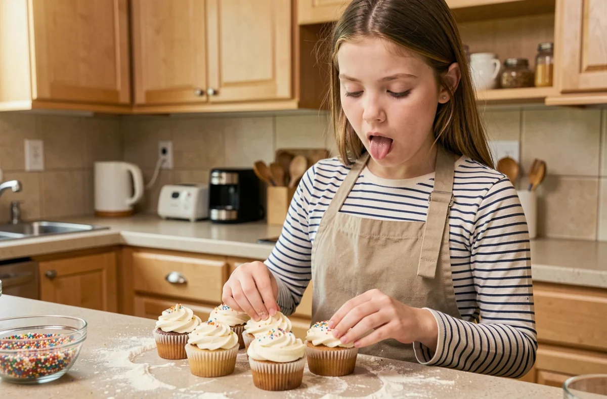 Adolescente de 13 ans décorant des cupcakes faits maison dans une cuisine
