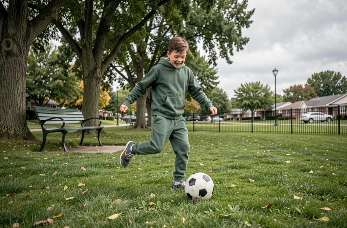 Adolescent de 13 ans jouant au football dans un parc de quartier