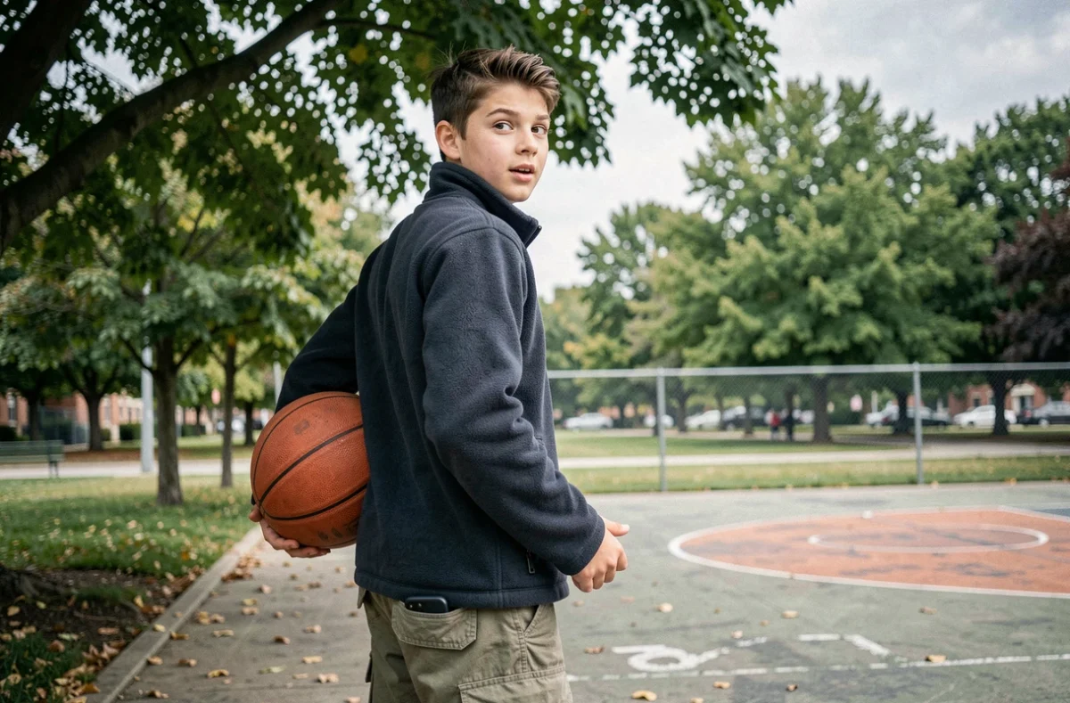 Adolescent pratiquant le basketball en plein air avec son téléphone rangé dans sa poche, illustration d'activité physique sans écran