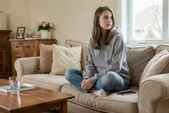 Adolescente posant son téléphone de côté et regardant par la fenêtre, symbolisant la déconnexion numérique pour les jeunes