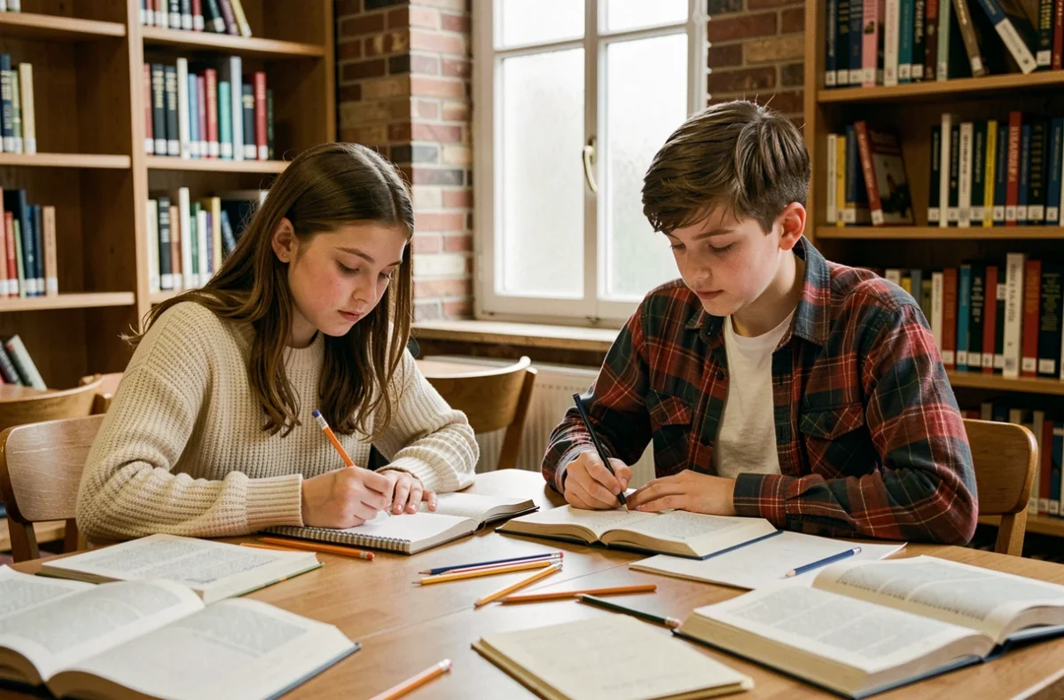 Deux adolescents de 13 ans qui lisent et prennent des notes dans une bibliothèque