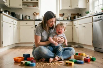 Mère fatiguée assise sur le sol de la cuisine avec son enfant en pleine crise de larmes, illustrant les défis de l'âge des terribles two