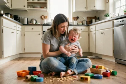 Mère fatiguée assise sur le sol de la cuisine avec son enfant en pleine crise de larmes, illustrant les défis de l'âge des terribles two