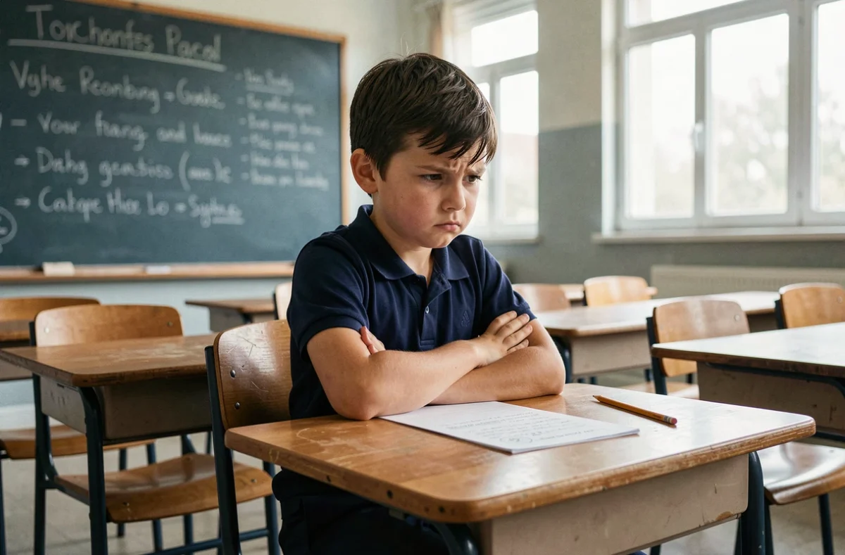 Jeune garçon d'environ 7 ans assis seul à son bureau scolaire avec une expression frustrée et les bras croisés, illustrant les difficultés de l'âge scolaire
