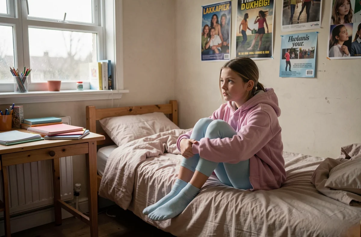 Préadolescente d'environ 11 ans assise seule sur son lit dans sa chambre avec une expression pensive, illustrant les défis émotionnels de la préadolescence