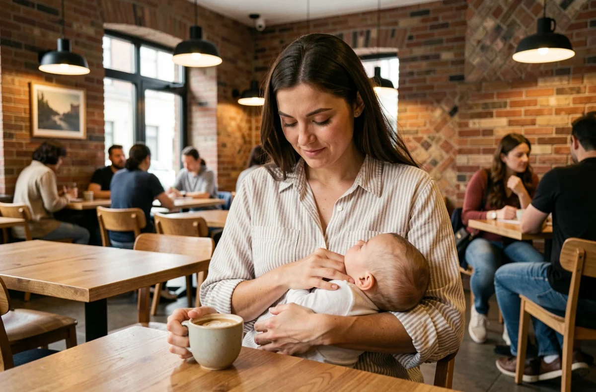 Mère allaitant son bébé dans un café public, symbolisant le droit légal d'allaiter dans les lieux publics en France