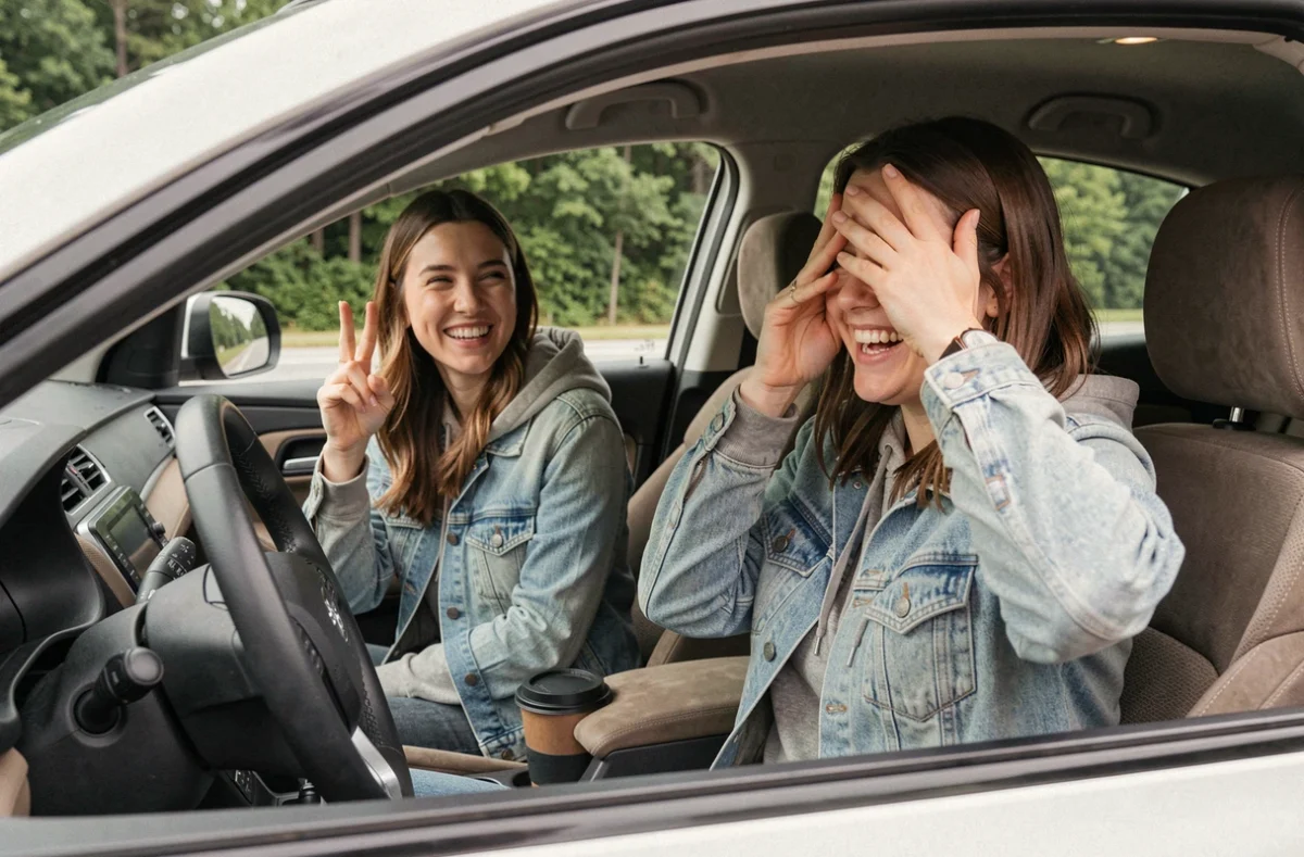 Deux amies jouant à un jeu de devinettes assises dans une voiture garée