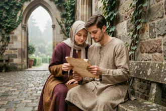 Couple médiéval en habits d'époque partageant un parchemin dans une cour de château, illustrant l'amour courtois au Moyen-Âge