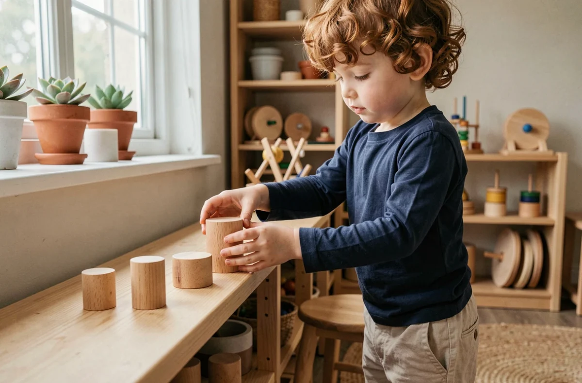 Petit garçon choisissant un matériel sensoriel Montessori en bois dans un coin d'apprentissage à la maison