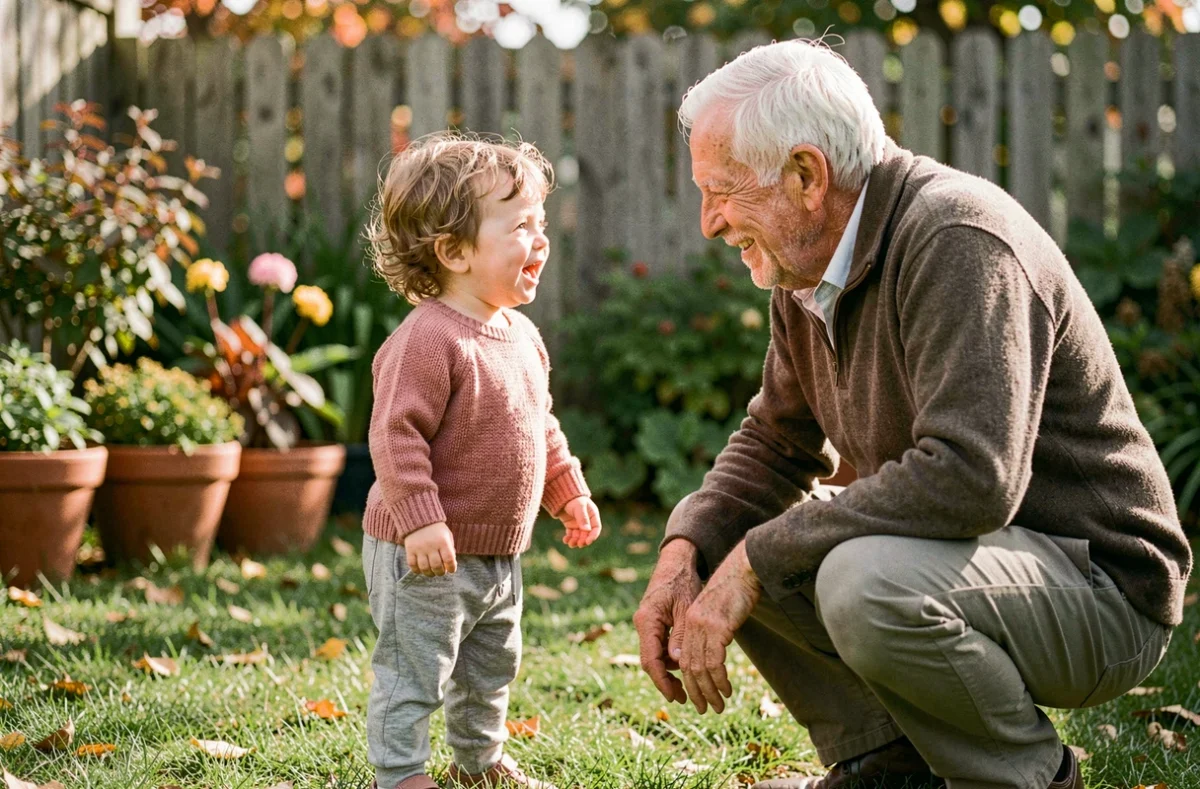 Bambin de 2 ans parlant avec son grand-père dans un jardin en automne, interaction intergénérationnelle naturelle