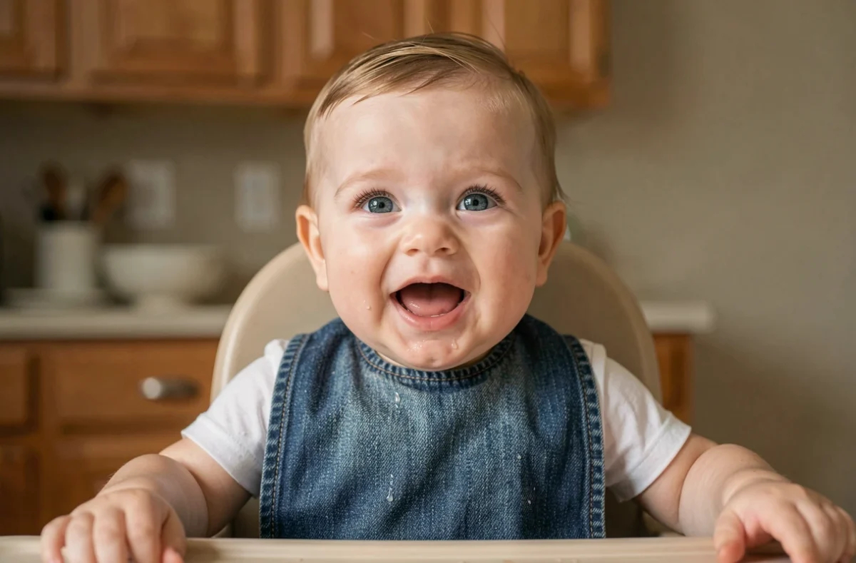 Bébé de 12 mois dans une chaise haute qui vocalise avec une expression joyeuse et spontanée