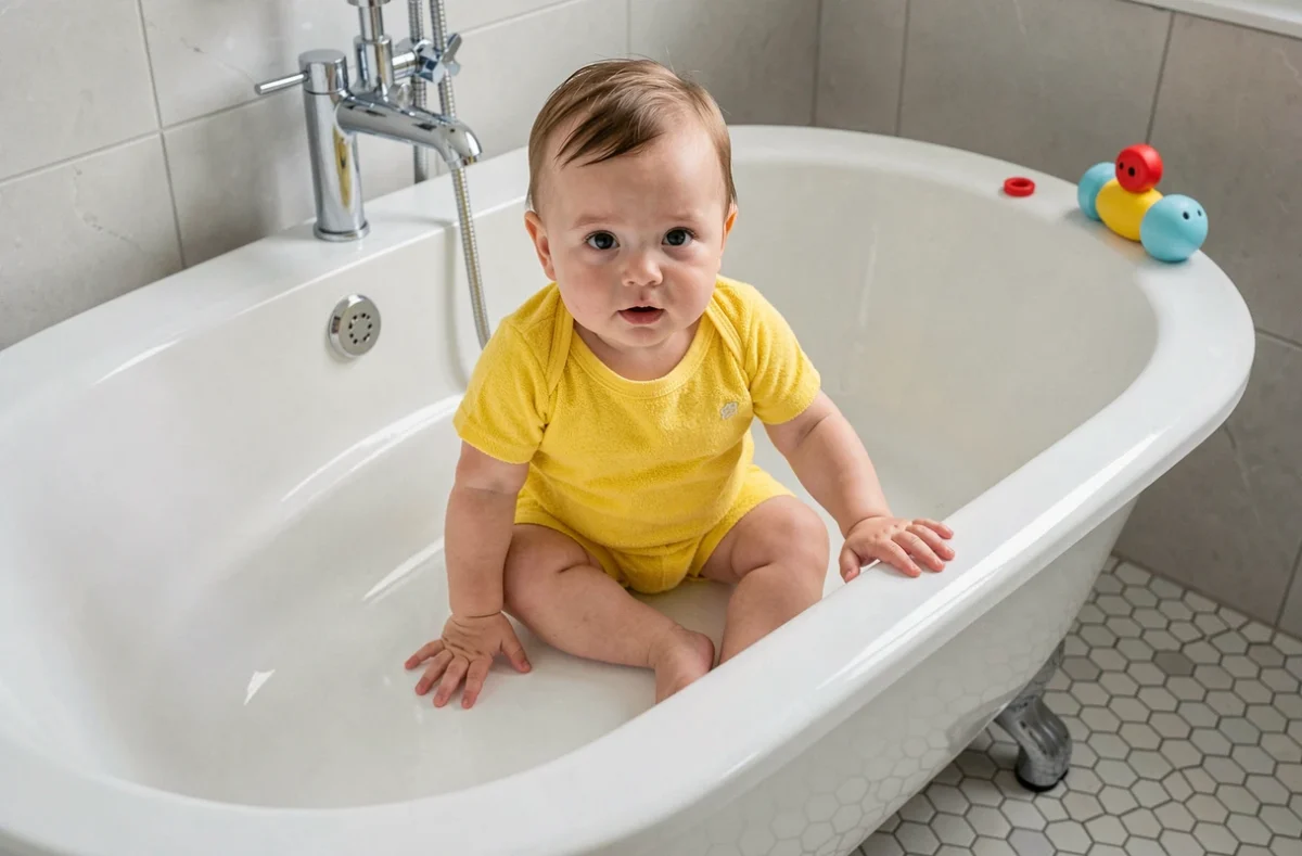 Bébé assis seul dans la baignoire sans anneau de bain, signe qu'il est prêt à s'en passer