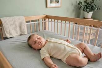 Bébé de 4 mois dormant paisiblement dans un berceau en bois dans une chambre moderne aux tons doux