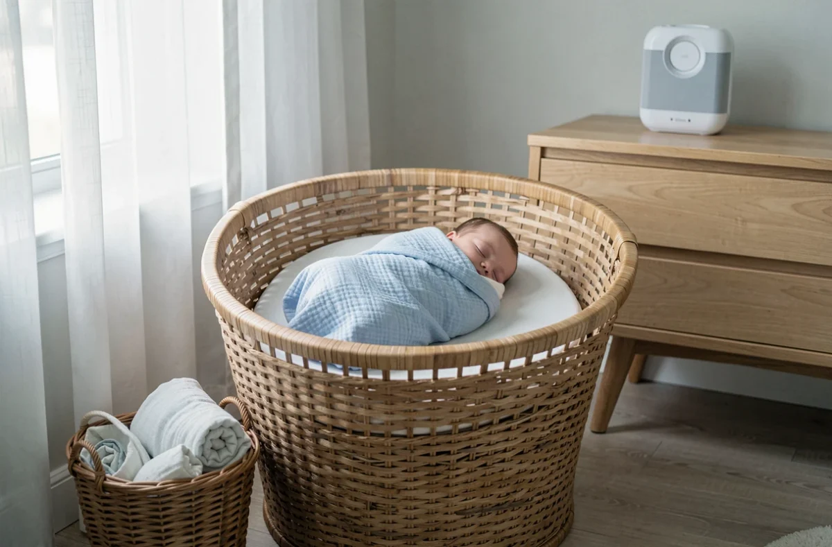 Bébé de 6 mois emmailloté dormant dans un couffin en osier près d'une fenêtre dans une chambre minimaliste