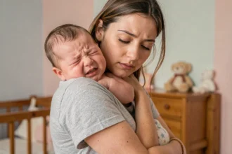 Jeune mère tenant son bébé qui pleure contre son épaule dans une chambre de bébé décorée en tons pastels