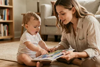 Bébé de 18 mois en train de babiller en pointant un livre d'images avec sa maman dans un salon chaleureux