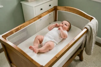 Bébé trop grand pour son berceau, jambes pliées contre le bord du matelas dans une chambre de nurserie douce et lumineuse