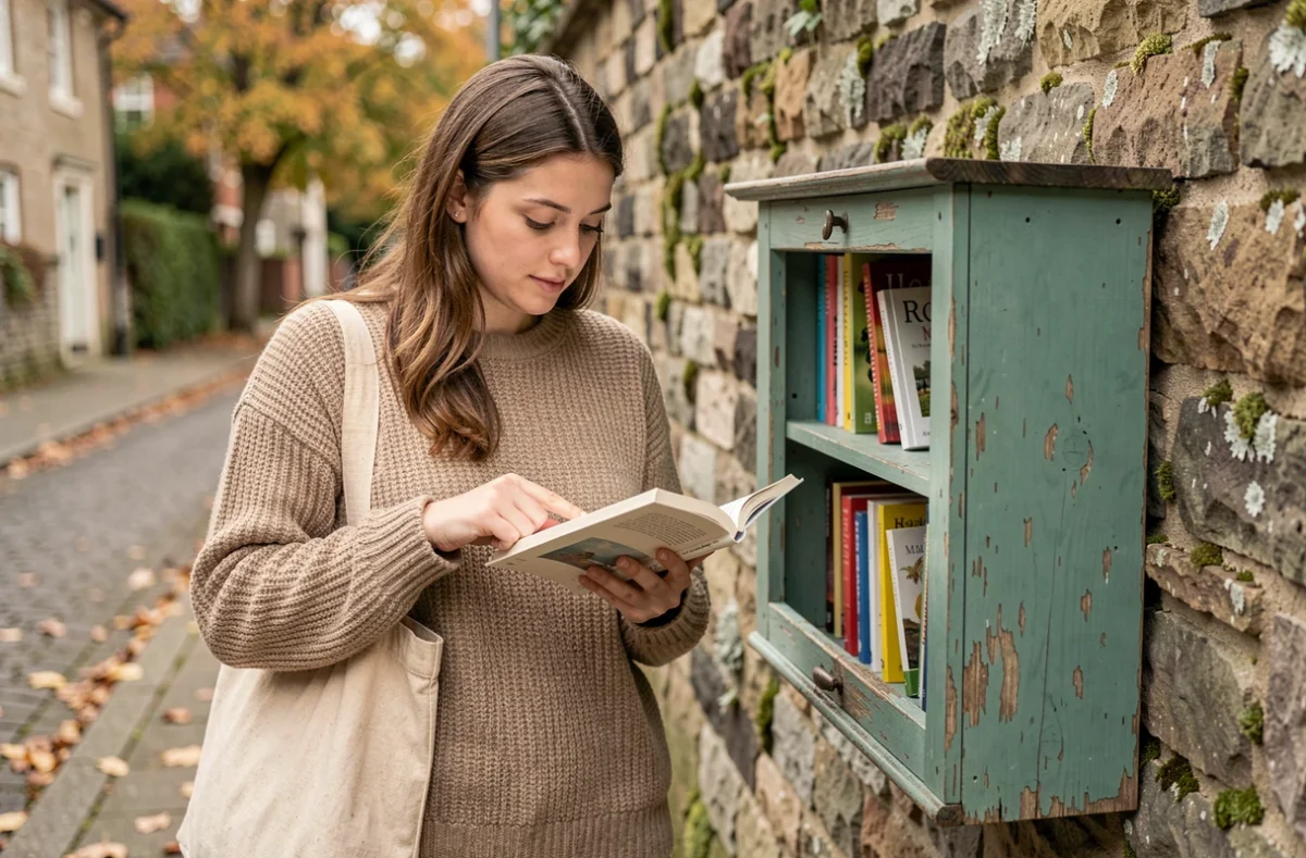 Jeune femme découvrant une boîte à livres gratuite dans une rue de quartier en automne
