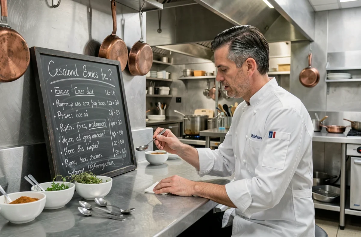 Chef cuisinier écrivant un menu saisonnier sur un tableau noir dans une cuisine professionnelle avec des ustensiles en cuivre