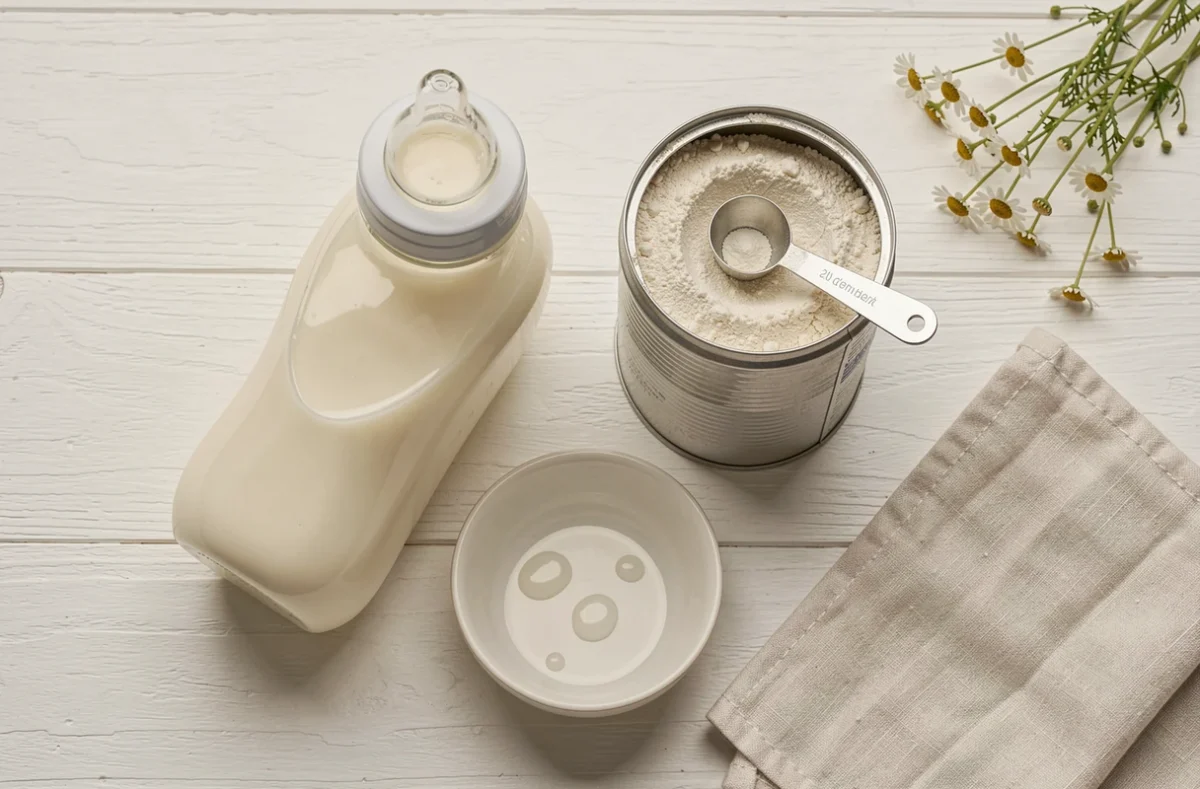 Vue aérienne comparative des différents types de lait pour nourrissons sur fond blanc en bois