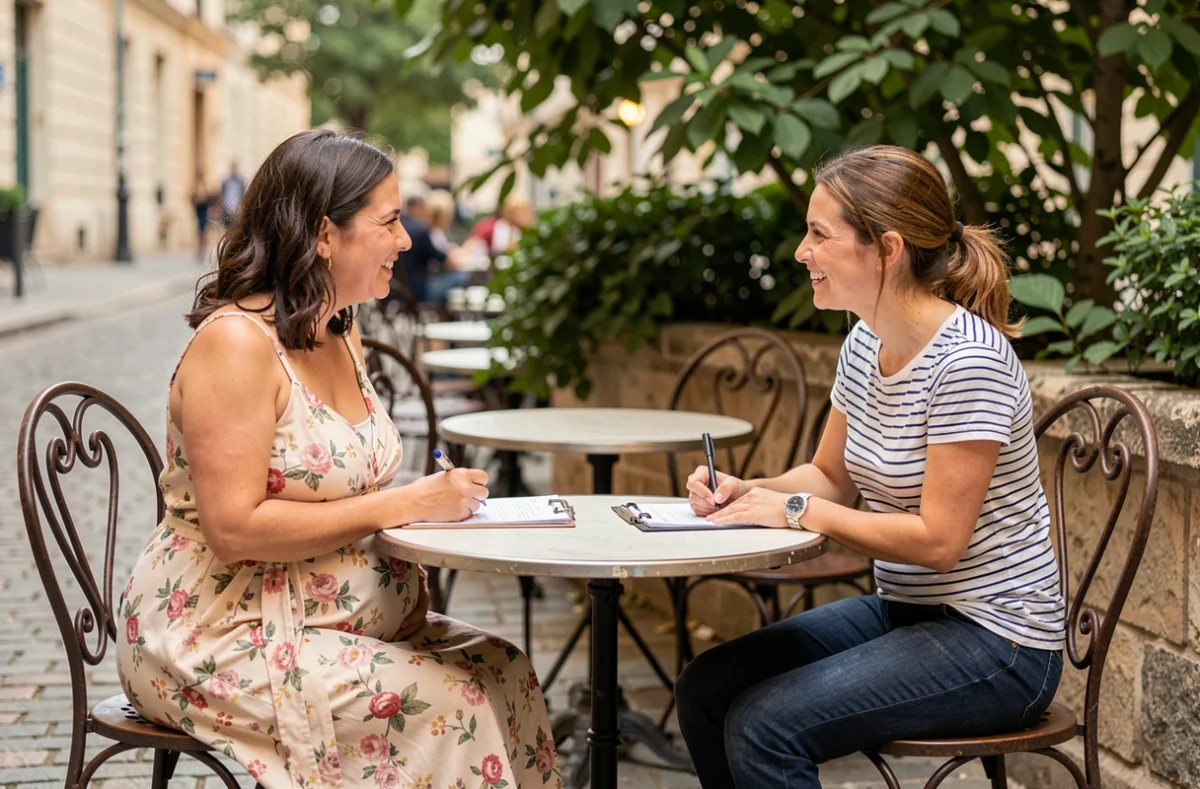 Femme enceinte de trente ans discutant avec une professionnelle de santé en terrasse de café à Paris