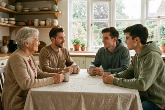 Famille multigénérationnelle réunie autour d'une table en bois pour une conversation apaisée, illustrant la résolution des conflits familiaux