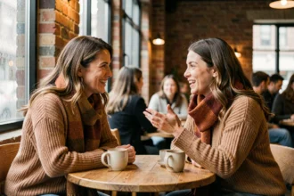 Deux femmes en conversation animée dans un café, illustrant un échange informel et spontané entre amies