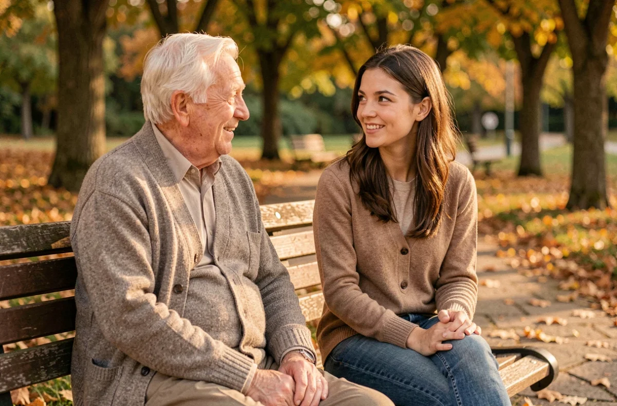 Conversation intergénérationnelle entre un homme âgé et une jeune femme sur un banc de parc en automne
