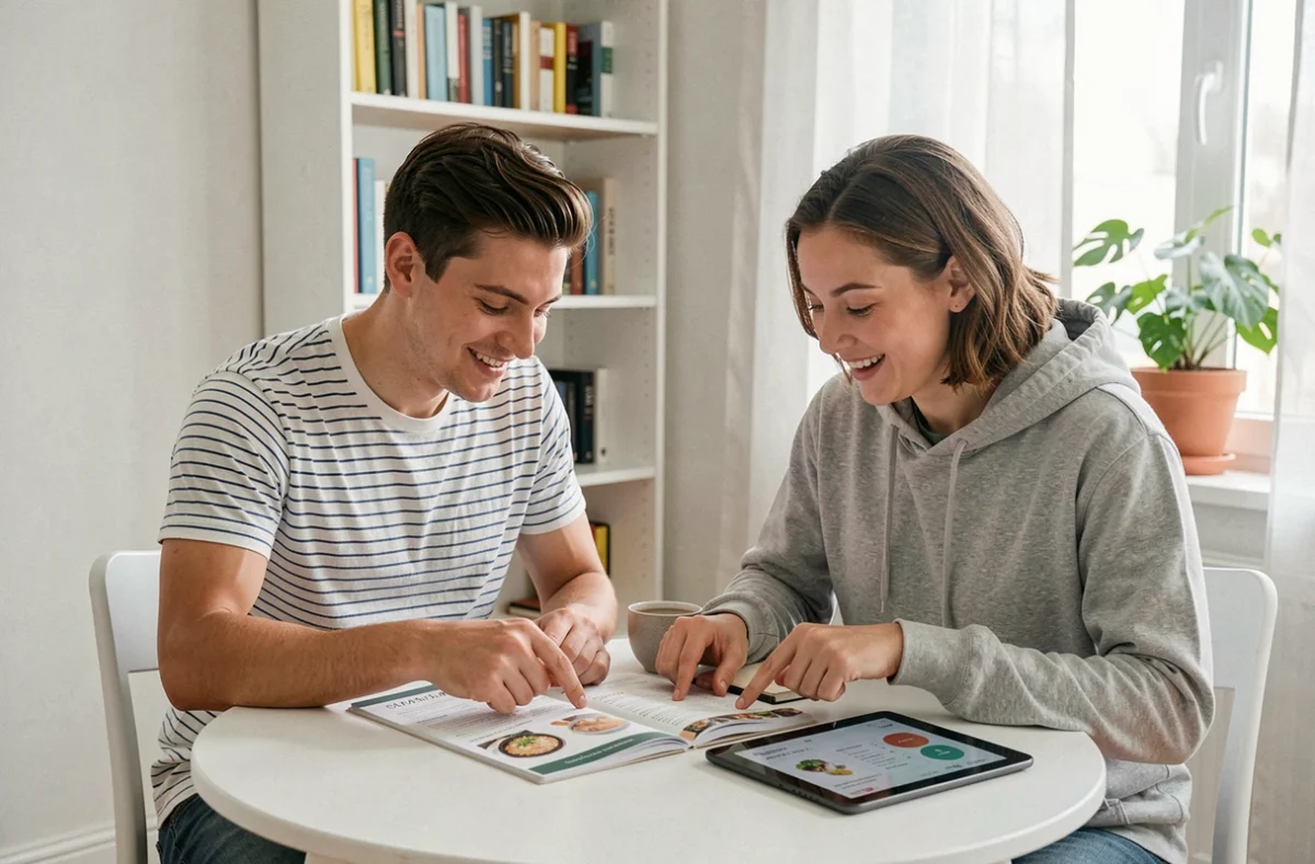 Couple planifiant un menu ensemble autour d'une table avec un menu imprimé et une tablette dans un appartement moderne et lumineux