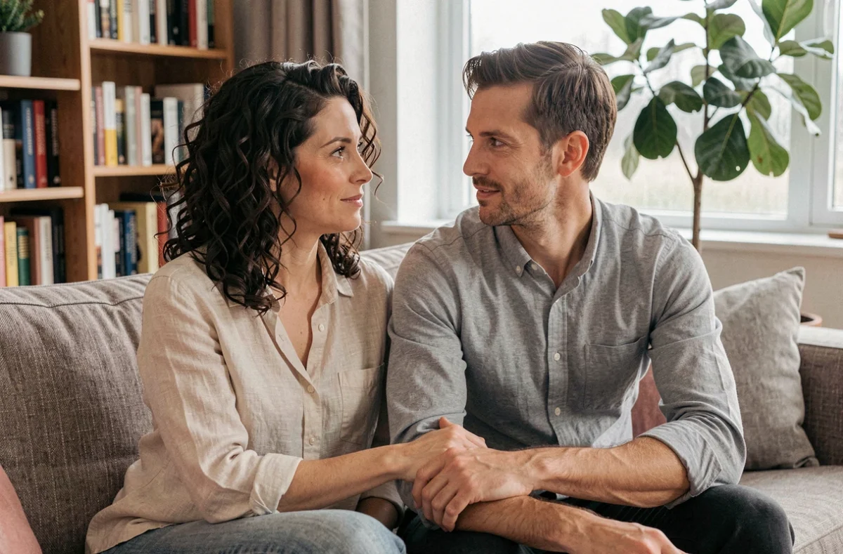 Couple adulte assis sur un canapé échangeant avec empathie, symbolisant la communication bienveillante pour éviter les conflits en famille