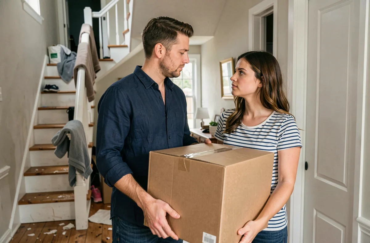 Couple de trentenaires portant ensemble un carton dans le couloir de leur nouvelle maison lors d'un déménagement