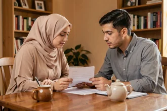 Couple musulman discutant des finances du foyer ensemble autour d'une table en bois avec des documents