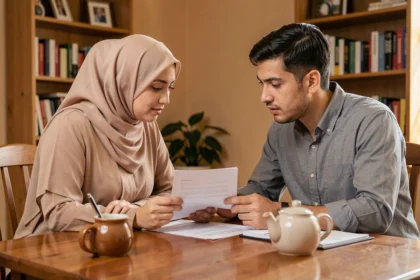 Couple musulman discutant des finances du foyer ensemble autour d'une table en bois avec des documents
