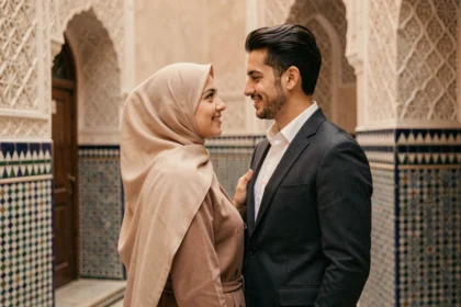 Couple musulman en tenue traditionnelle dans une cour marocaine, symbolisant le mariage islamique et les questions de licéité