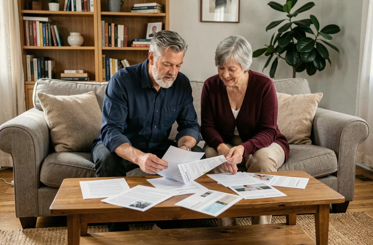 Couple de quinquagénaires étudiant des documents d'adoption ensemble dans leur salon
