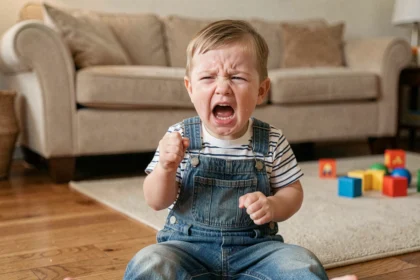 Enfant de 2 ans en pleine crise de larmes sur le sol d'un salon familial, illustrant le phénomène des Terrible Two