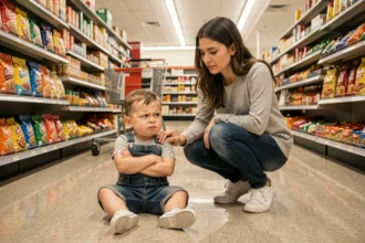 Enfant de 2 ans en crise de colère dans une allée de supermarché, mère accroupie à ses côtés avec bienveillance, scène du terrible two