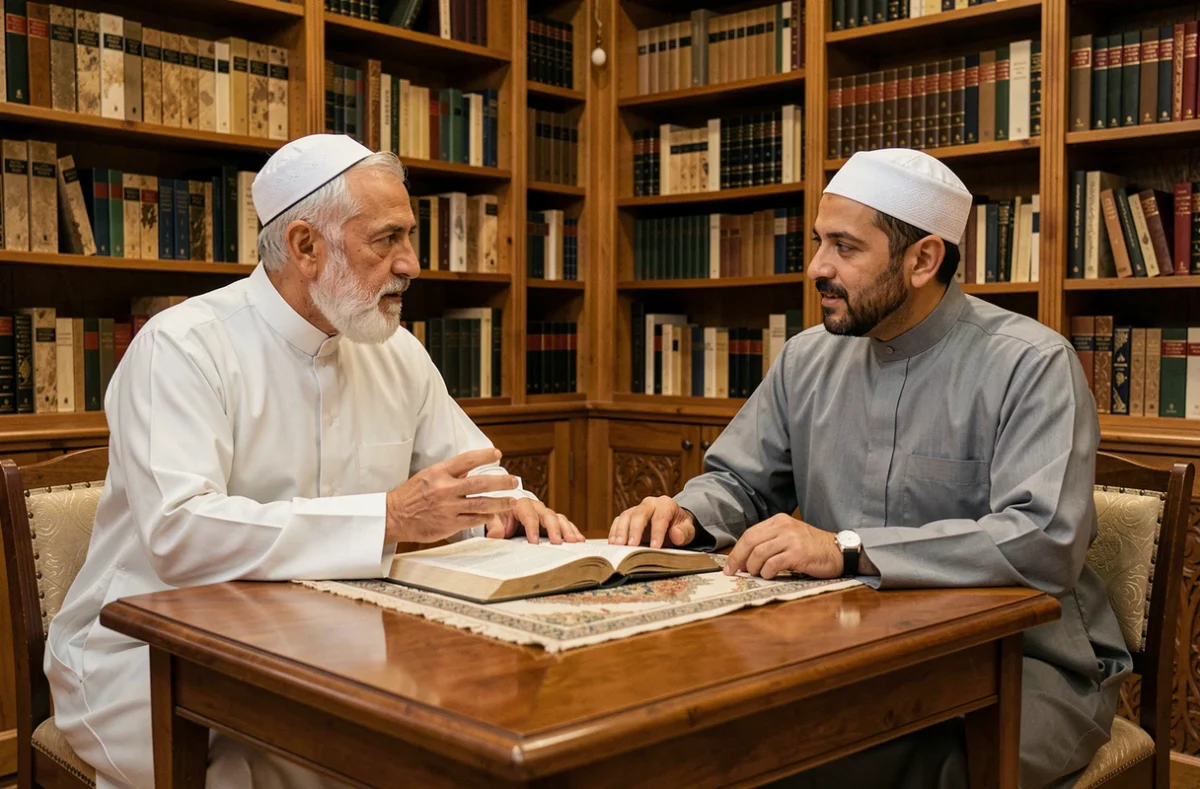 Deux hommes musulmans discutant des règles islamiques sur les finances et les droits matrimoniaux dans une salle d'étude traditionnelle