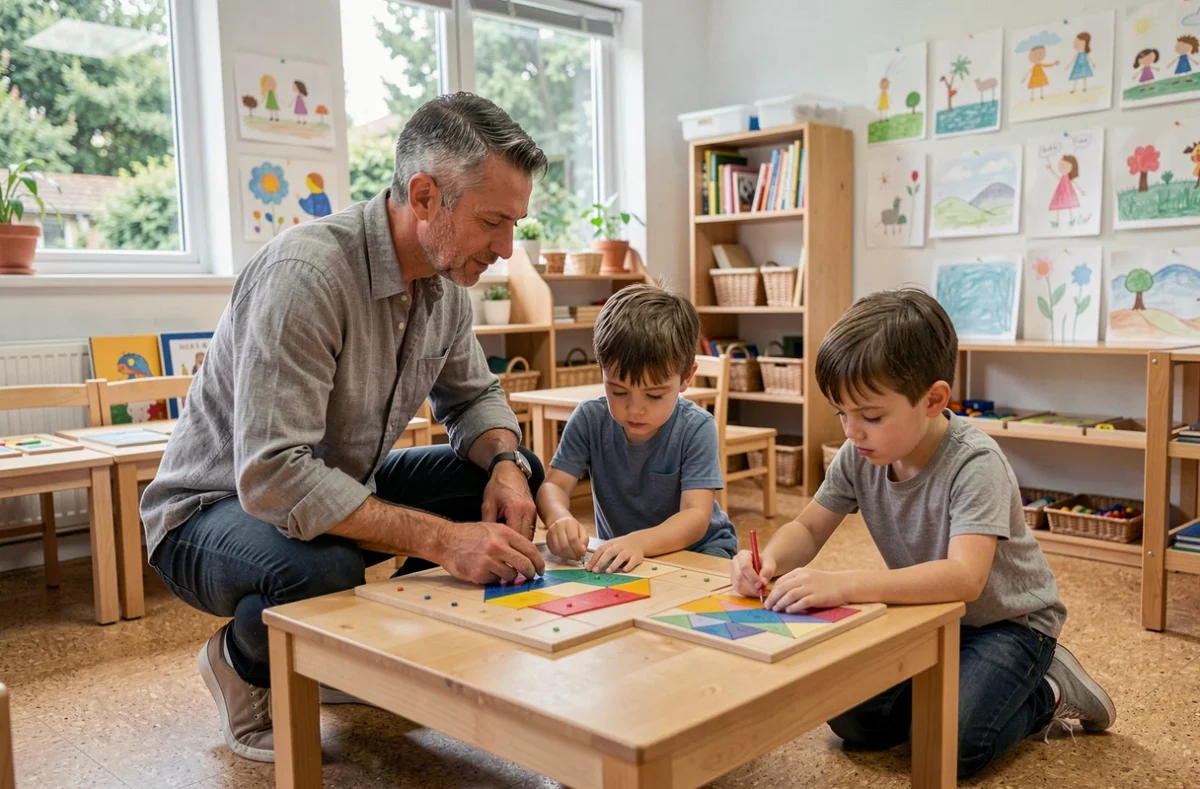 Éducateur Montessori observant des enfants travailler de manière autonome avec des puzzles géographiques en bois