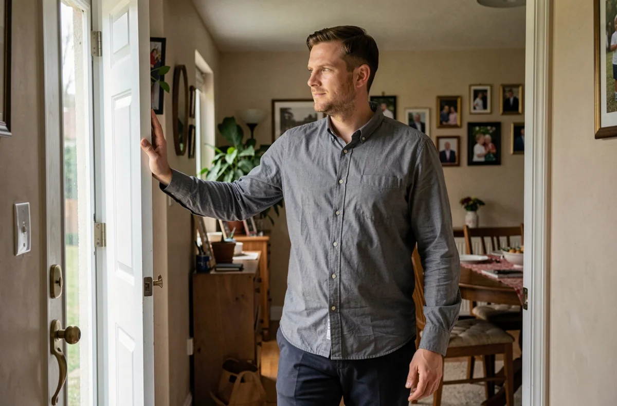 Homme adulte se tenant dans l'entrée d'une maison familiale, prêt à partir, illustrant la distance progressive avec les parents