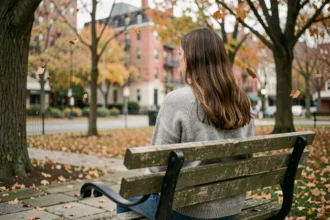 Jeune femme assise seule dans un parc en automne, tournant le dos, symbolisant l'éloignement émotionnel de ses parents