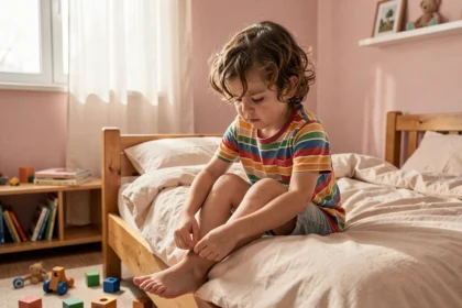 Enfant de 5 ans assis sur un lit en train d'enfiler ses chaussettes seul dans sa chambre