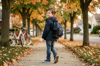 Enfant de 9 ans marchant seul dans une rue résidentielle avec son sac à dos, illustrant l'autonomie scolaire et la confiance en soi