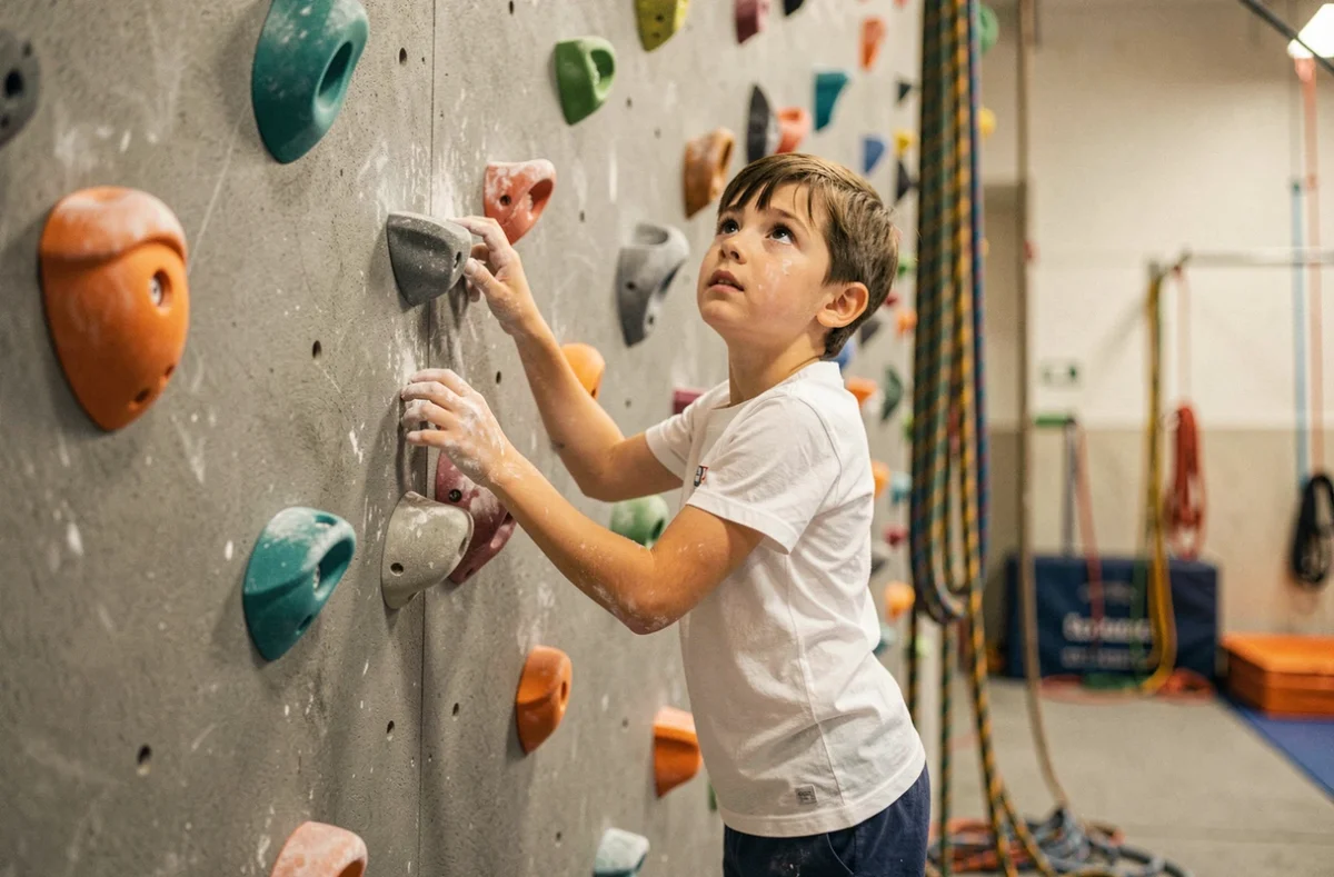 Garçon se préparant à escalader un mur d'escalade intérieur, symbolisant le dépassement de soi et le courage chez les enfants