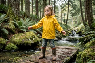 Petite fille courageuse traversant un pont en bois dans une forêt, illustrant le développement du courage chez l'enfant