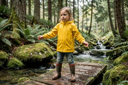 Petite fille courageuse traversant un pont en bois dans une forêt, illustrant le développement du courage chez l'enfant
