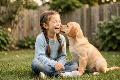 Jeune fille souriante assise dans le jardin avec un chiot golden retriever qui lui lèche la joue