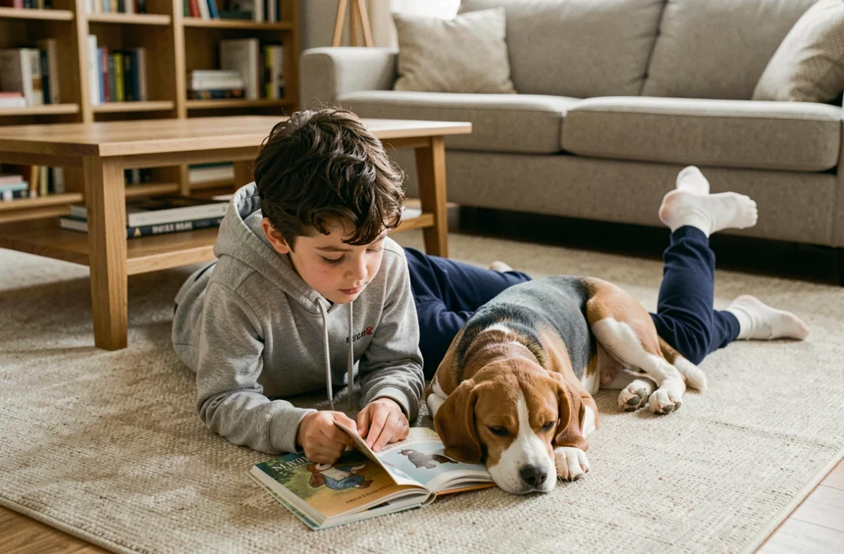 Garçon allongé sur un tapis de salon lisant un livre avec un beagle posé sur ses jambes