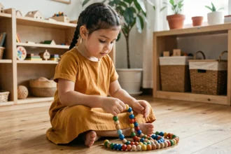 Jeune fille concentrée manipulant du matériel Montessori en perles colorées dans une salle de classe authentique